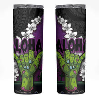 Hawaiian Halloween Skinny Tumbler Horror Shaka Hand with Plumeria and Polynesian Tattoo Midnight Color LT03 Purple - Polynesian Pride