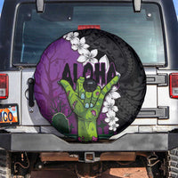 Hawaiian Halloween Spare Tire Cover Horror Shaka Hand with Plumeria and Polynesian Tattoo Midnight Color LT03 Purple - Polynesian Pride