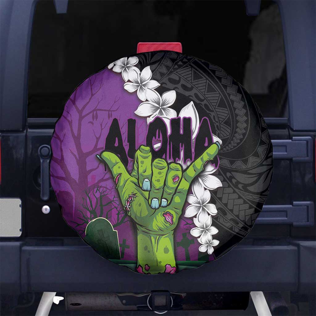 Hawaiian Halloween Spare Tire Cover Horror Shaka Hand with Plumeria and Polynesian Tattoo Midnight Color LT03 - Polynesian Pride