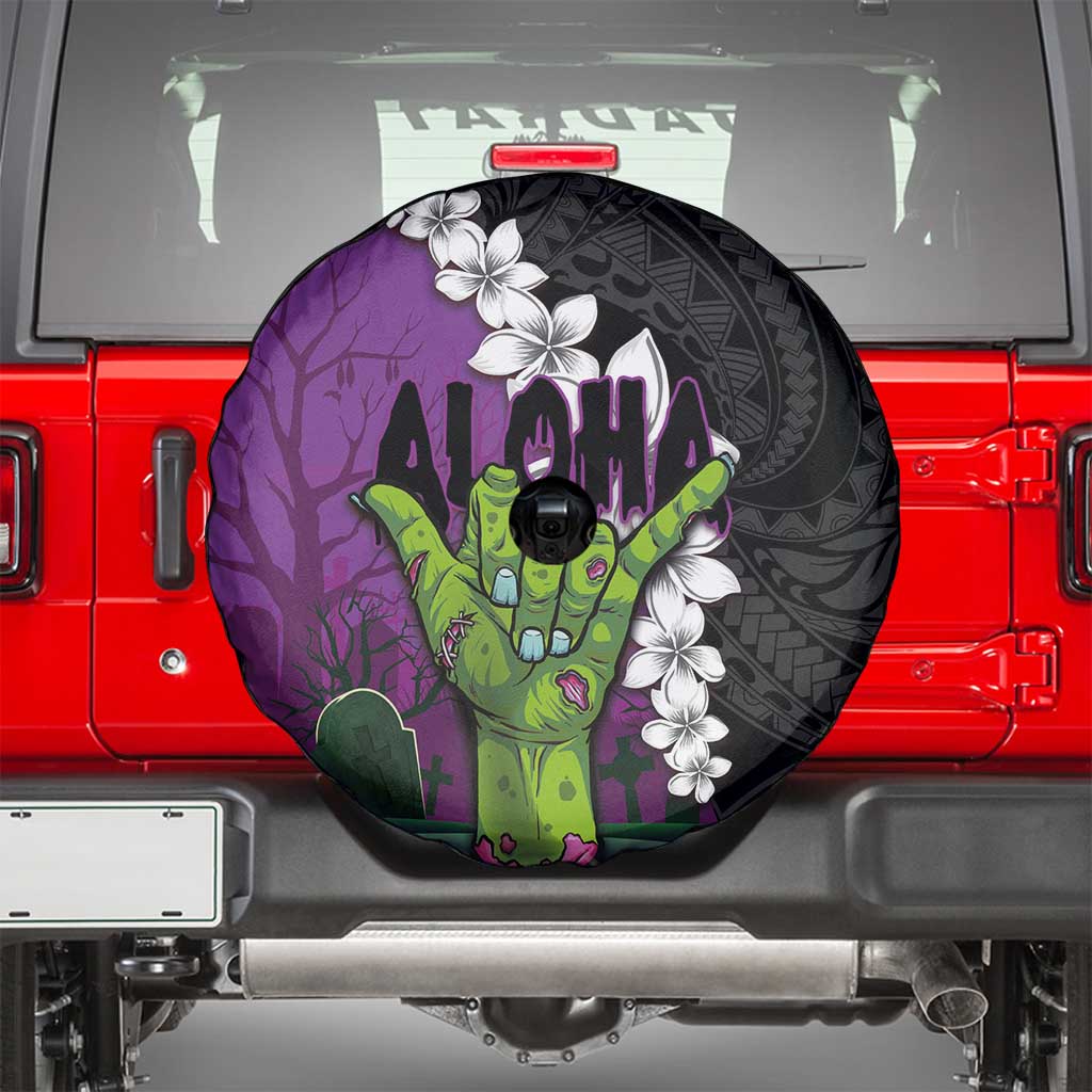 Hawaiian Halloween Spare Tire Cover Horror Shaka Hand with Plumeria and Polynesian Tattoo Midnight Color LT03 - Polynesian Pride