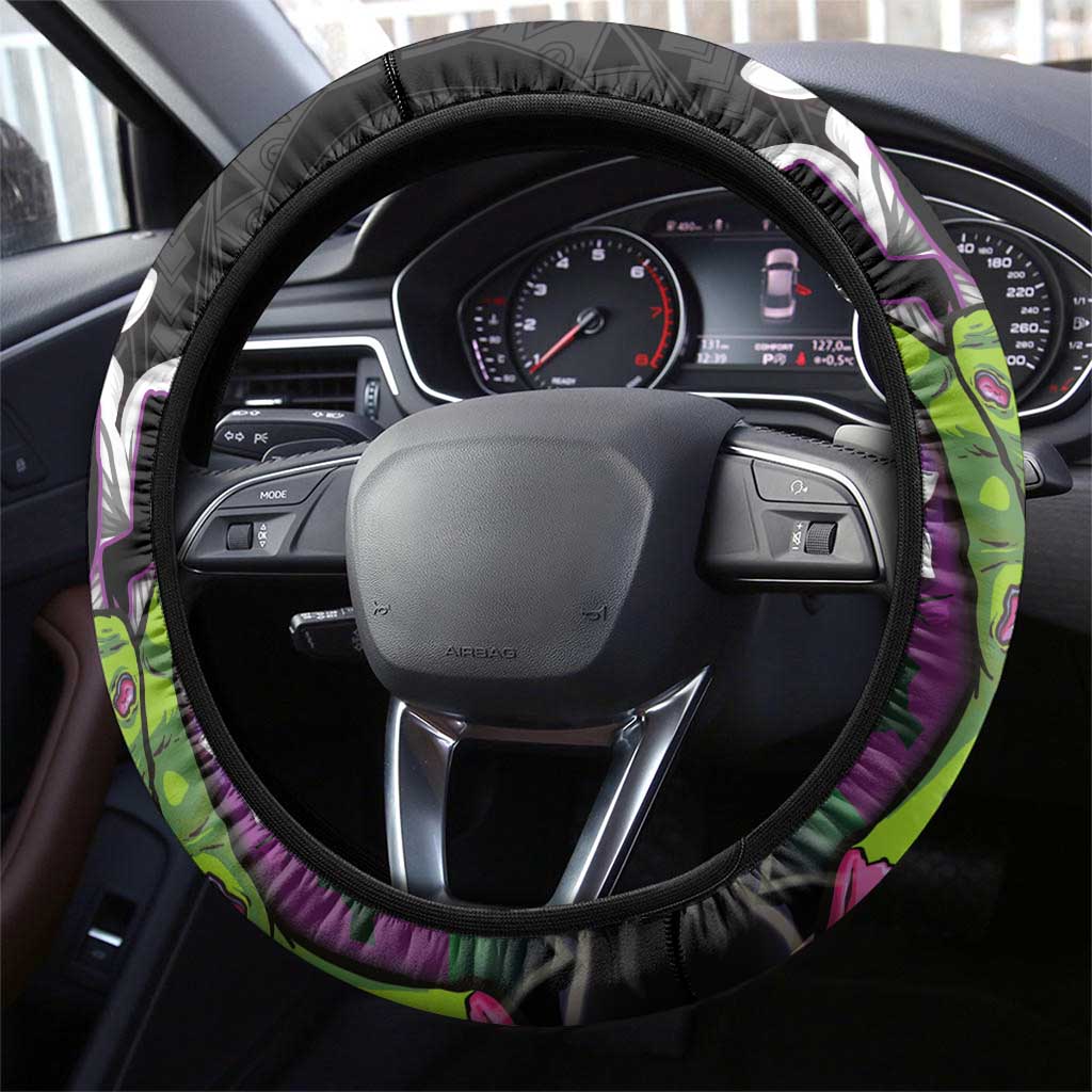 Hawaiian Halloween Steering Wheel Cover Horror Shaka Hand with Plumeria and Polynesian Tattoo Midnight Color LT03 - Polynesian Pride