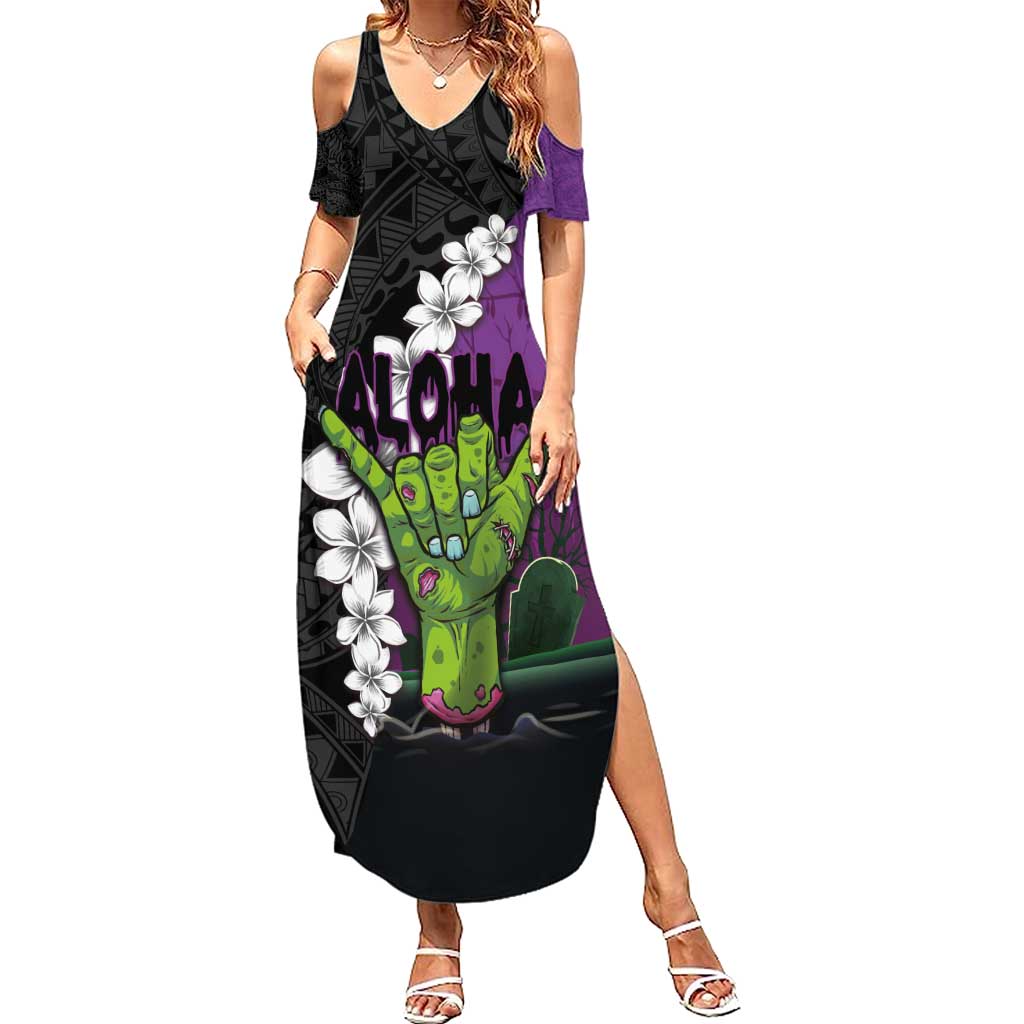 Hawaiian Halloween Summer Maxi Dress Horror Shaka Hand with Plumeria and Polynesian Tattoo Midnight Color LT03 Women Purple - Polynesian Pride