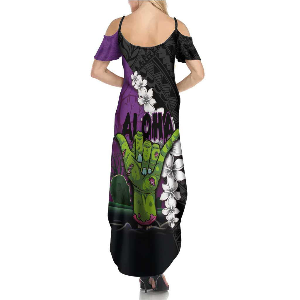 Hawaiian Halloween Summer Maxi Dress Horror Shaka Hand with Plumeria and Polynesian Tattoo Midnight Color LT03 - Polynesian Pride