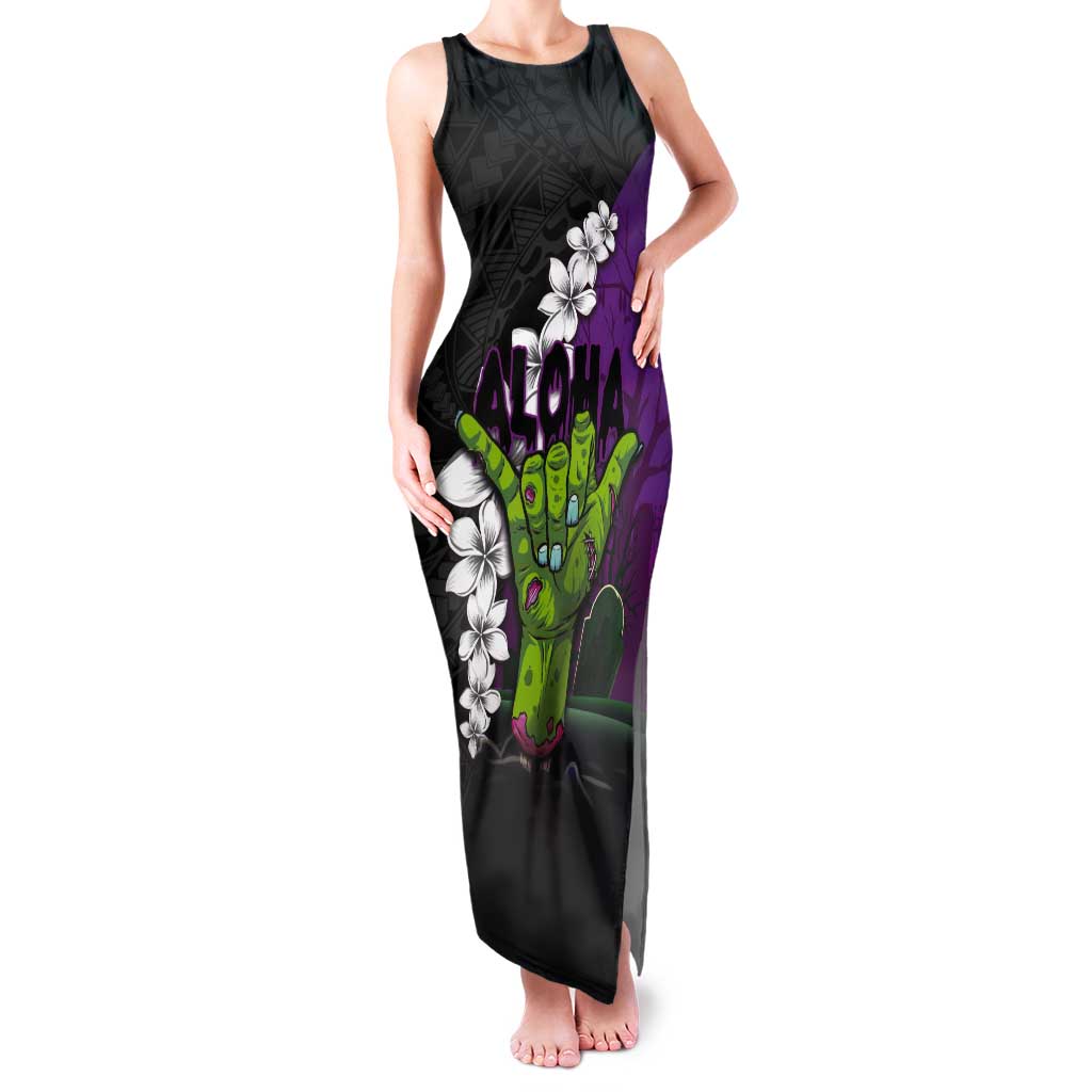 Hawaiian Halloween Tank Maxi Dress Horror Shaka Hand with Plumeria and Polynesian Tattoo Midnight Color LT03 Women Purple - Polynesian Pride
