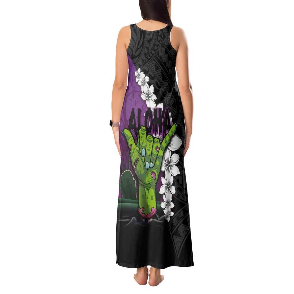 Hawaiian Halloween Tank Maxi Dress Horror Shaka Hand with Plumeria and Polynesian Tattoo Midnight Color LT03 - Polynesian Pride