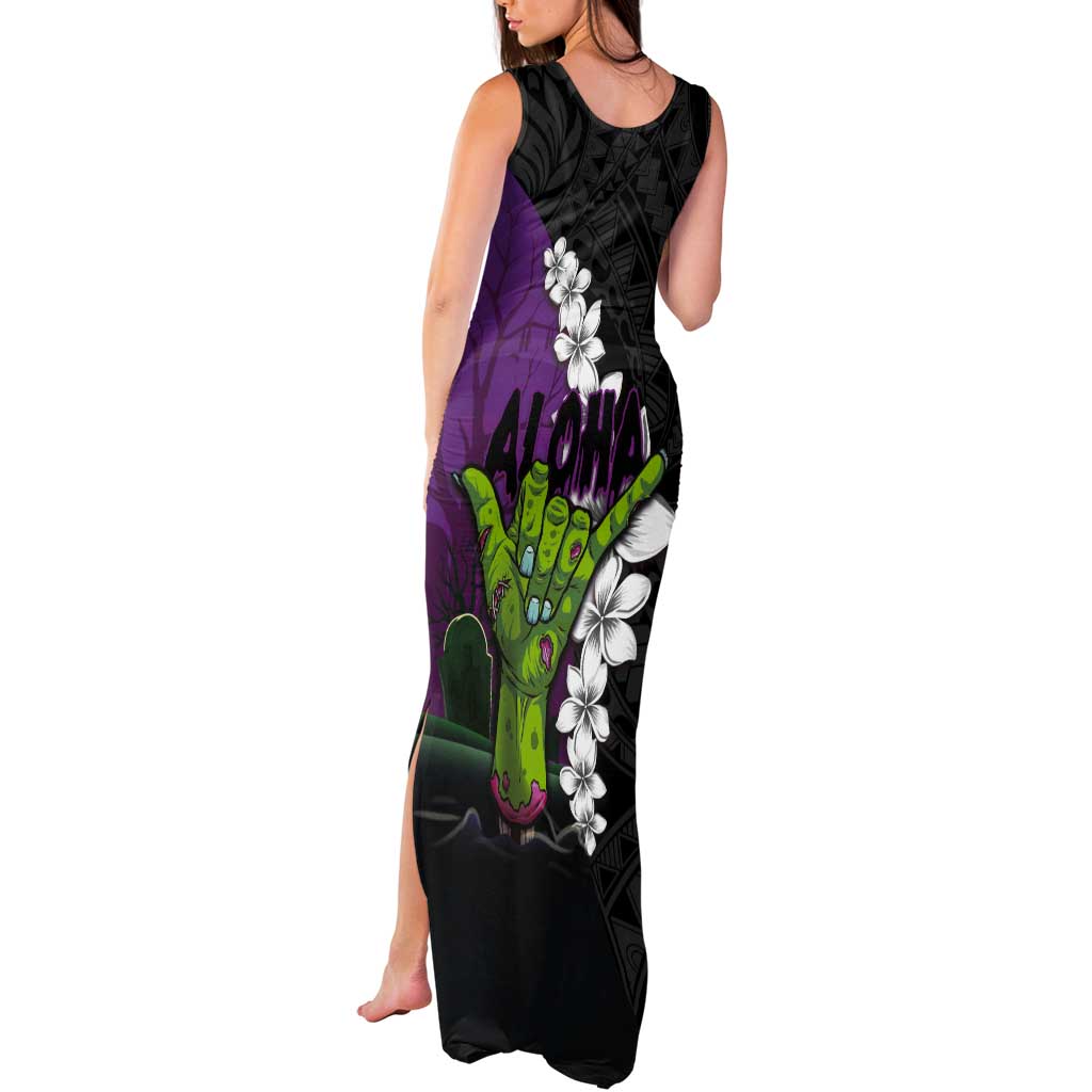 Hawaiian Halloween Tank Maxi Dress Horror Shaka Hand with Plumeria and Polynesian Tattoo Midnight Color LT03 - Polynesian Pride