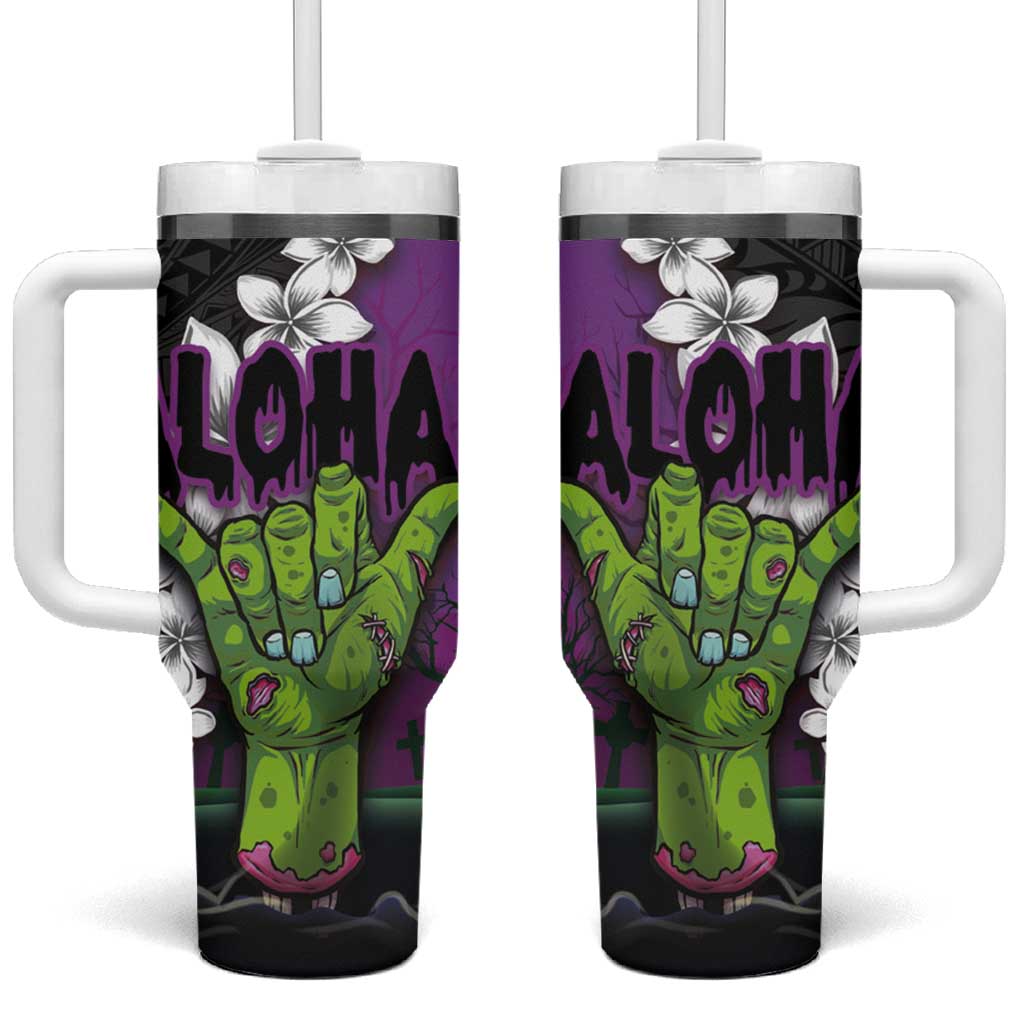 Hawaiian Halloween Tumbler With Handle Horror Shaka Hand with Plumeria and Polynesian Tattoo Midnight Color LT03 One Size: 40 oz Purple - Polynesian Pride
