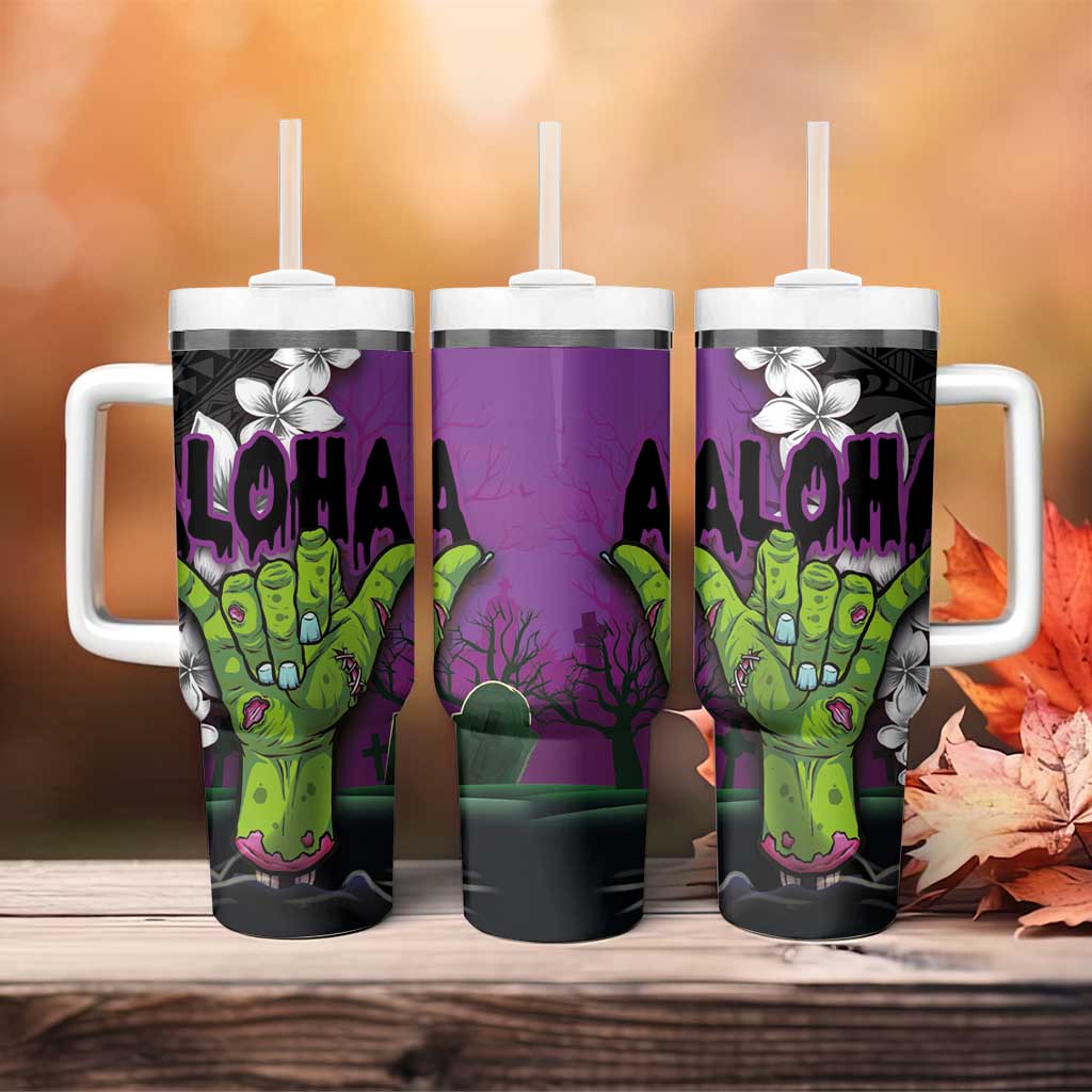 Hawaiian Halloween Tumbler With Handle Horror Shaka Hand with Plumeria and Polynesian Tattoo Midnight Color LT03 - Polynesian Pride