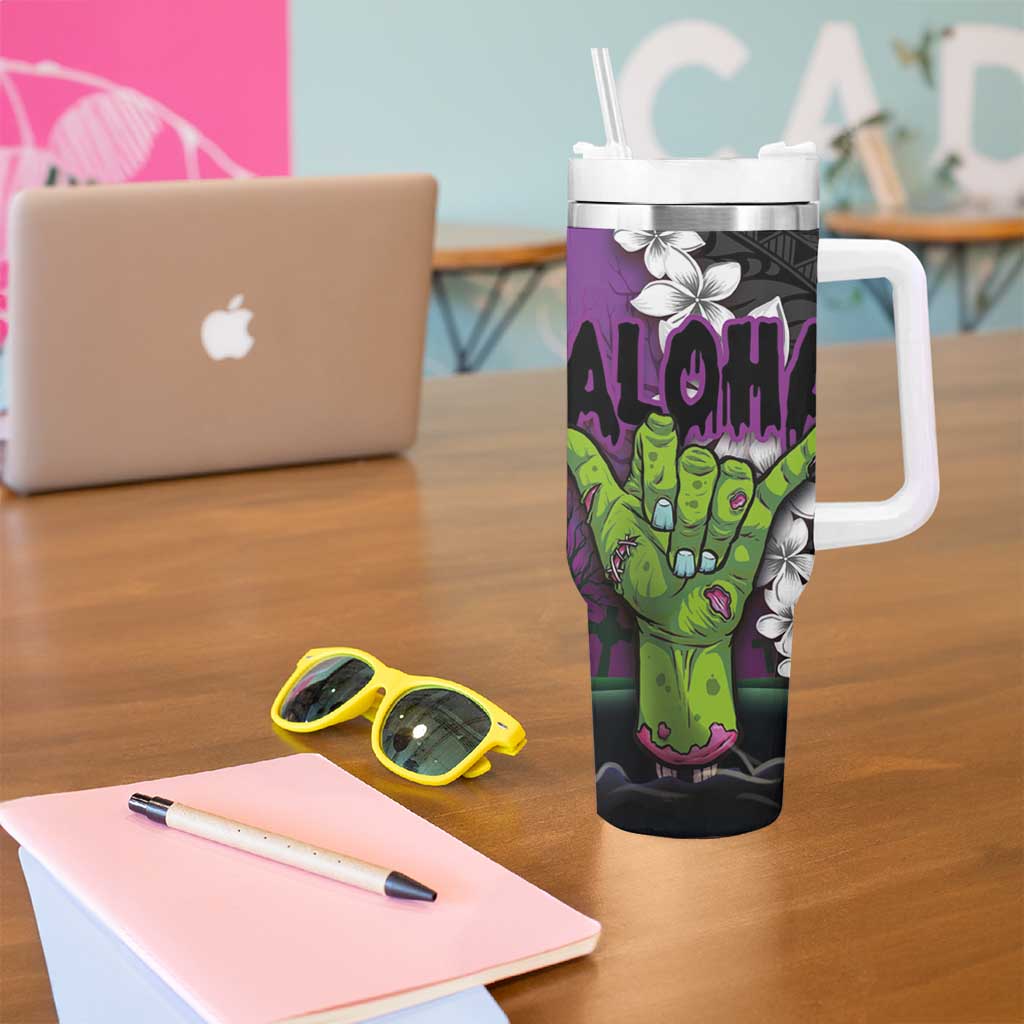 Hawaiian Halloween Tumbler With Handle Horror Shaka Hand with Plumeria and Polynesian Tattoo Midnight Color LT03 - Polynesian Pride