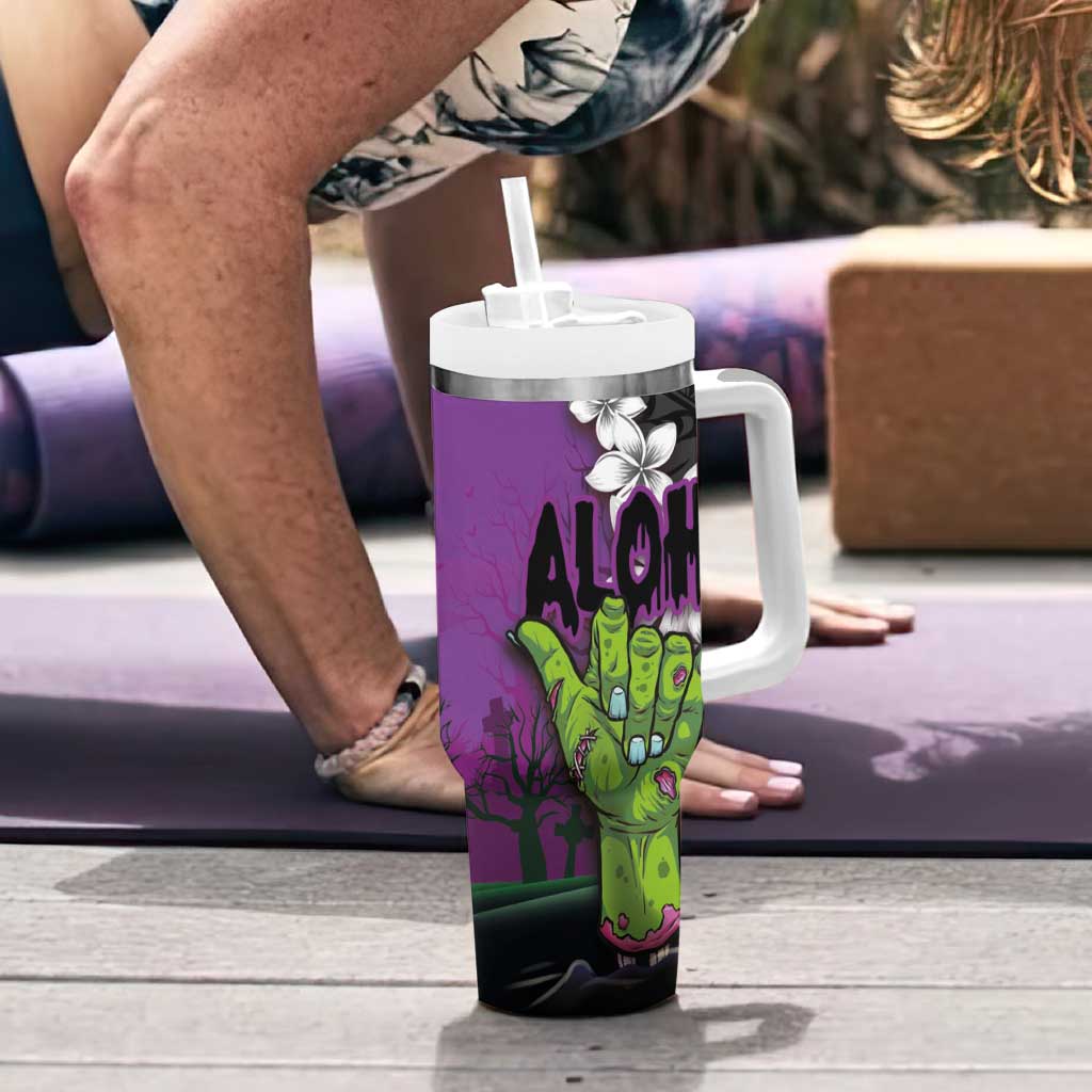 Hawaiian Halloween Tumbler With Handle Horror Shaka Hand with Plumeria and Polynesian Tattoo Midnight Color LT03 - Polynesian Pride