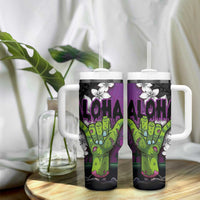 Hawaiian Halloween Tumbler With Handle Horror Shaka Hand with Plumeria and Polynesian Tattoo Midnight Color LT03 - Polynesian Pride