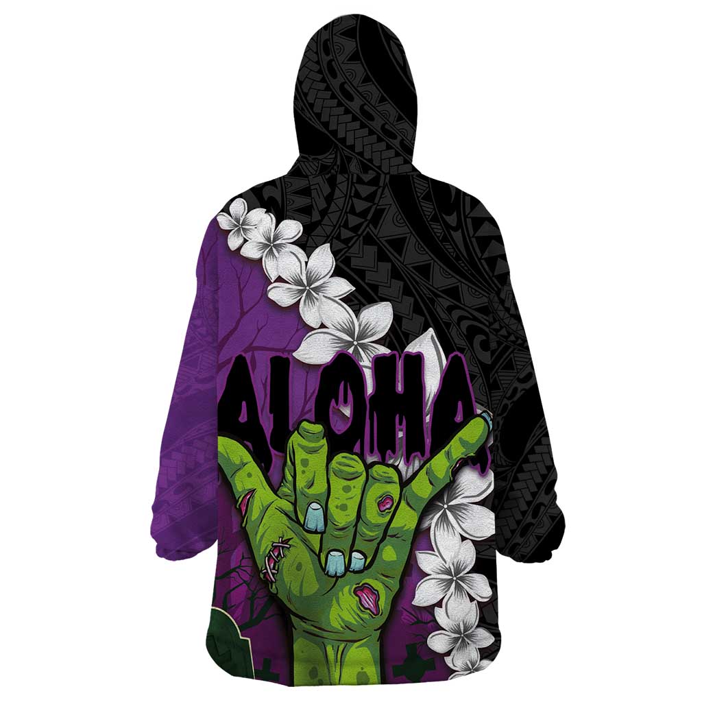 Hawaiian Halloween Wearable Blanket Hoodie Horror Shaka Hand with Plumeria and Polynesian Tattoo Midnight Color LT03 - Polynesian Pride