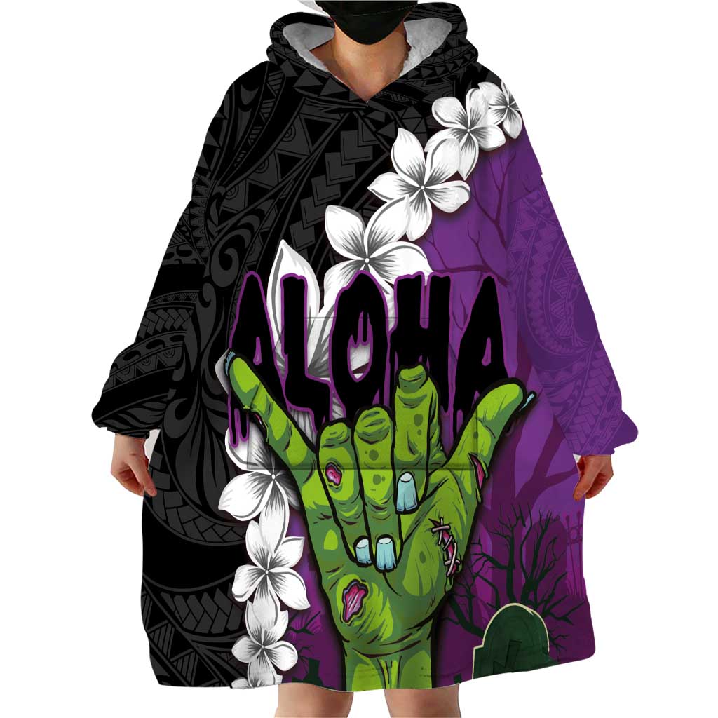 Hawaiian Halloween Wearable Blanket Hoodie Horror Shaka Hand with Plumeria and Polynesian Tattoo Midnight Color LT03 - Polynesian Pride