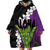 Hawaiian Halloween Wearable Blanket Hoodie Horror Shaka Hand with Plumeria and Polynesian Tattoo Midnight Color LT03 - Polynesian Pride
