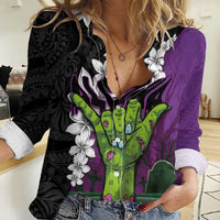 Hawaiian Halloween Women Casual Shirt Horror Shaka Hand with Plumeria and Polynesian Tattoo Midnight Color LT03 Female Purple - Polynesian Pride