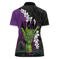 Hawaiian Halloween Women Polo Shirt Horror Shaka Hand with Plumeria and Polynesian Tattoo Midnight Color
