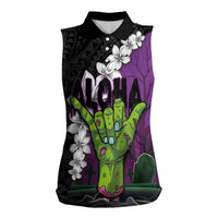 Hawaiian Halloween Women Sleeveless Polo Shirt Horror Shaka Hand with Plumeria and Polynesian Tattoo Midnight Color LT03 Female Purple - Polynesian Pride