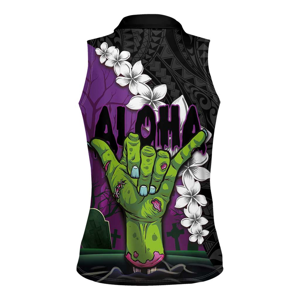 Hawaiian Halloween Women Sleeveless Polo Shirt Horror Shaka Hand with Plumeria and Polynesian Tattoo Midnight Color LT03 - Polynesian Pride