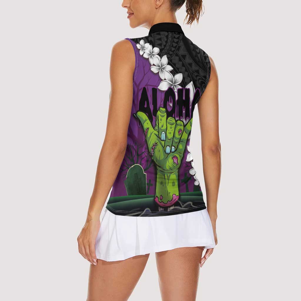 Hawaiian Halloween Women Sleeveless Polo Shirt Horror Shaka Hand with Plumeria and Polynesian Tattoo Midnight Color LT03 - Polynesian Pride