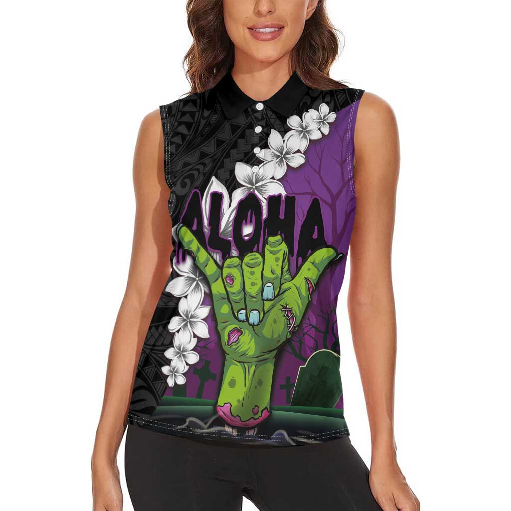 Hawaiian Halloween Women Sleeveless Polo Shirt Horror Shaka Hand with Plumeria and Polynesian Tattoo Midnight Color LT03 - Polynesian Pride
