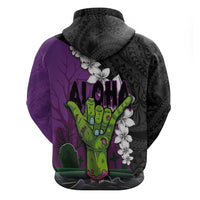 Hawaiian Halloween Zip Hoodie Horror Shaka Hand with Plumeria and Polynesian Tattoo Midnight Color LT03 - Polynesian Pride