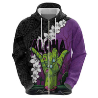 Hawaiian Halloween Zip Hoodie Horror Shaka Hand with Plumeria and Polynesian Tattoo Midnight Color LT03 - Polynesian Pride