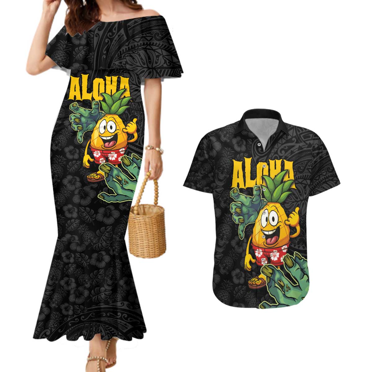 Hawaiian Halloween Couples Matching Mermaid Dress and Hawaiian Shirt Aloha Pinapple with Mysterious Hands and Polynesian Tribal Tattoo LT03 Black - Polynesian Pride