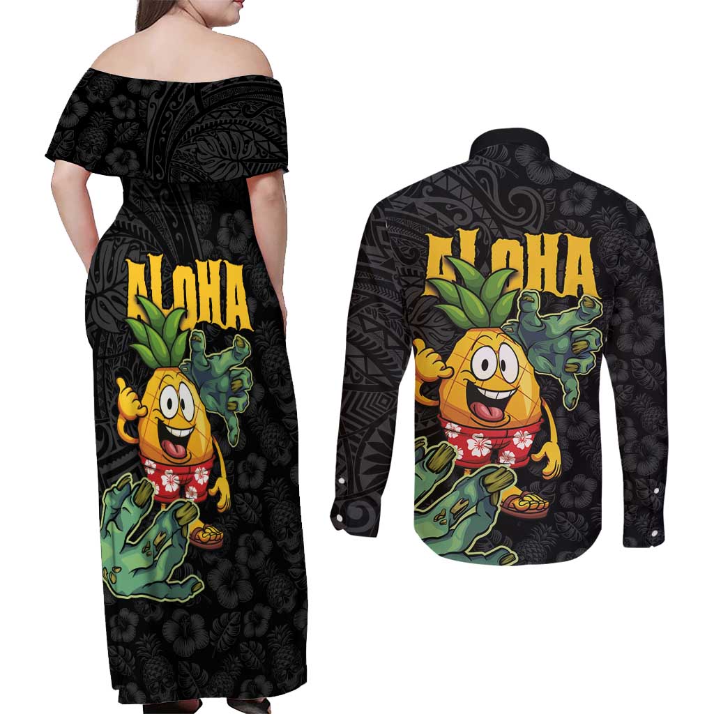 Hawaiian Halloween Couples Matching Off Shoulder Maxi Dress and Long Sleeve Button Shirt Aloha Pinapple with Mysterious Hands and Polynesian Tribal Tattoo