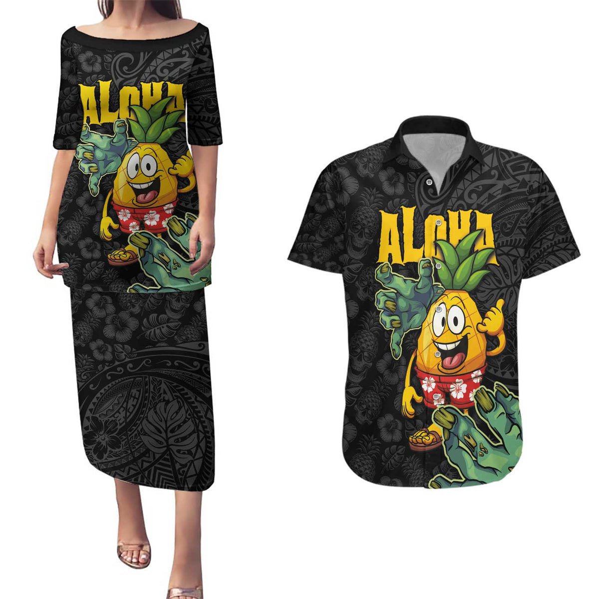 Hawaiian Halloween Couples Matching Puletasi and Hawaiian Shirt Aloha Pinapple with Mysterious Hands and Polynesian Tribal Tattoo LT03 Black - Polynesian Pride