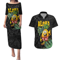 Hawaiian Halloween Couples Matching Puletasi and Hawaiian Shirt Aloha Pinapple with Mysterious Hands and Polynesian Tribal Tattoo LT03 Black - Polynesian Pride