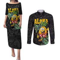 Hawaiian Halloween Couples Matching Puletasi and Long Sleeve Button Shirt Aloha Pinapple with Mysterious Hands and Polynesian Tribal Tattoo LT03 Black - Polynesian Pride