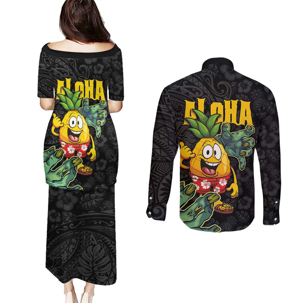 Hawaiian Halloween Couples Matching Puletasi and Long Sleeve Button Shirt Aloha Pinapple with Mysterious Hands and Polynesian Tribal Tattoo LT03 - Polynesian Pride
