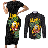 Hawaiian Halloween Couples Matching Short Sleeve Bodycon Dress and Long Sleeve Button Shirt Aloha Pinapple with Mysterious Hands and Polynesian Tribal Tattoo