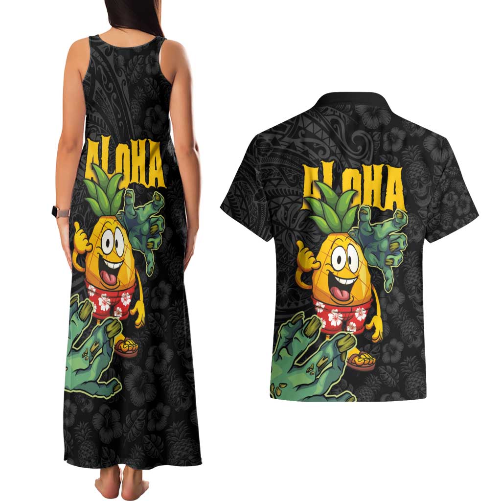 Hawaiian Halloween Couples Matching Tank Maxi Dress and Hawaiian Shirt Aloha Pinapple with Mysterious Hands and Polynesian Tribal Tattoo