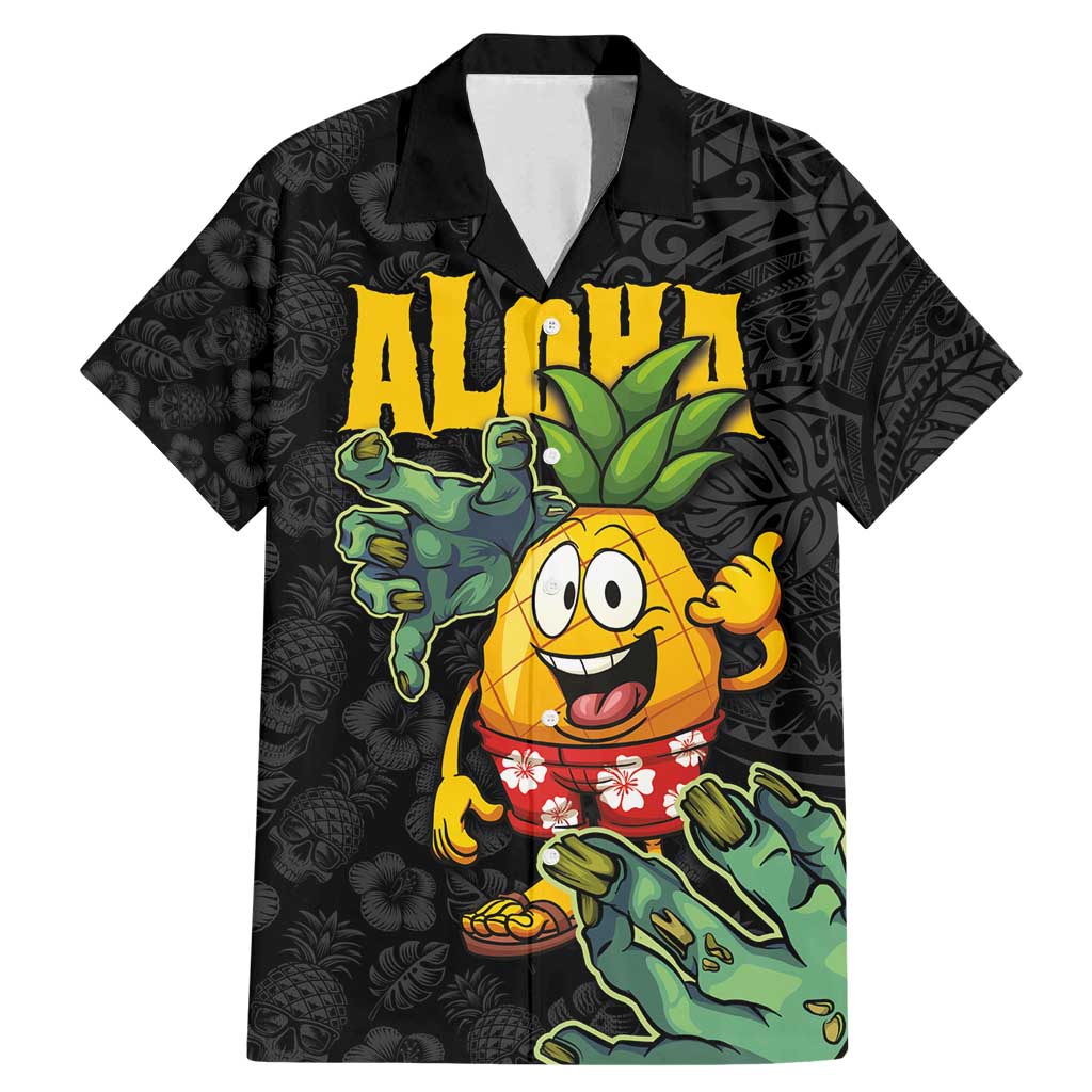 Hawaiian Halloween Family Matching Mermaid Dress and Hawaiian Shirt Aloha Pinapple with Mysterious Hands and Polynesian Tribal Tattoo LT03 Dad's Shirt - Short Sleeve Black - Polynesian Pride