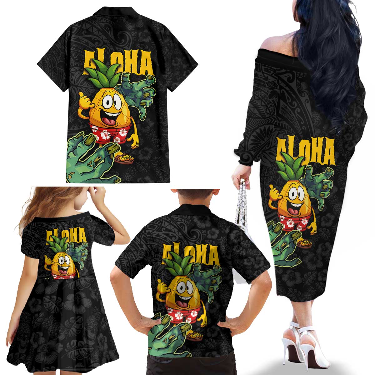 Hawaiian Halloween Family Matching Off The Shoulder Long Sleeve Dress and Hawaiian Shirt Aloha Pinapple with Mysterious Hands and Polynesian Tribal Tattoo LT03 - Polynesian Pride
