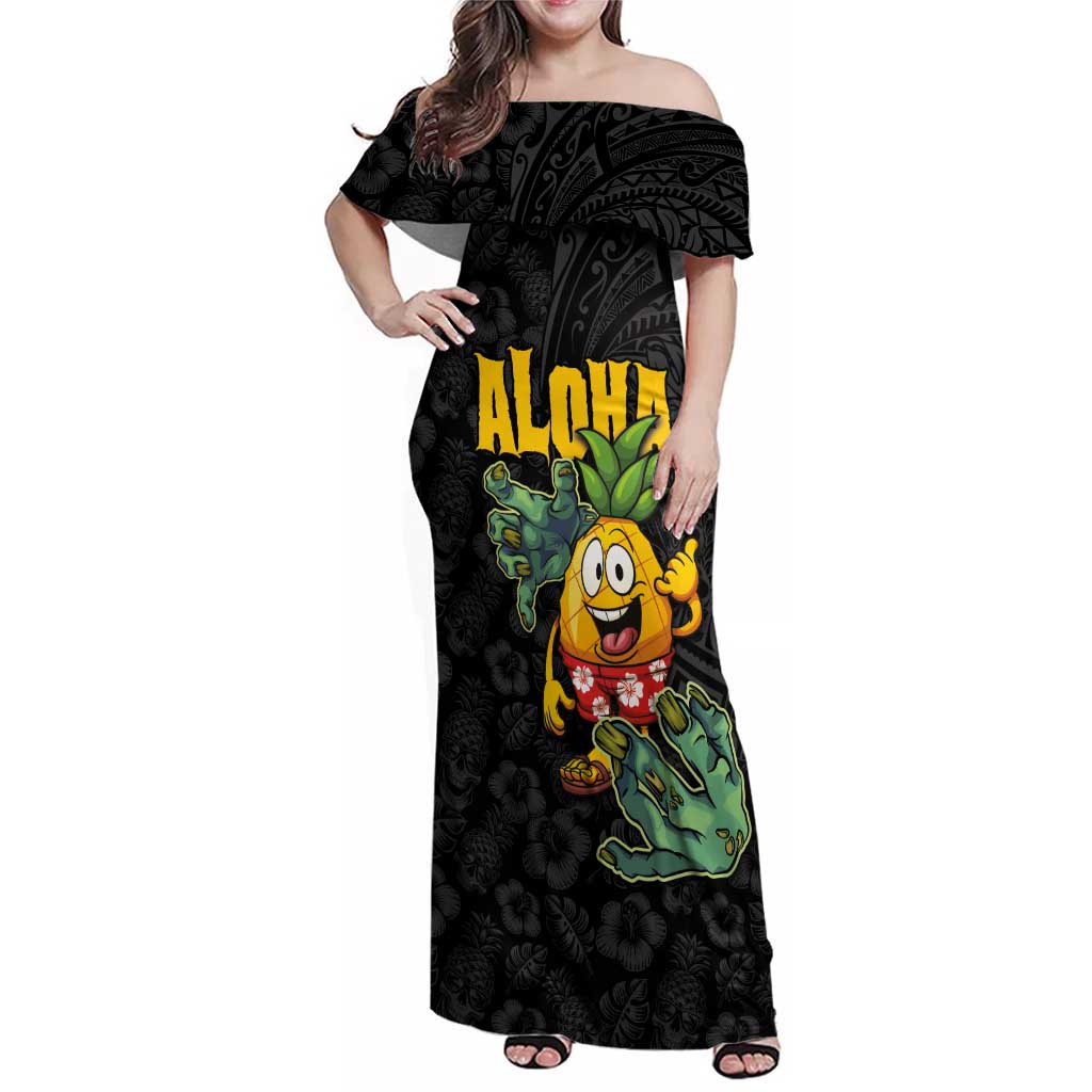 Hawaiian Halloween Family Matching Off Shoulder Maxi Dress and Hawaiian Shirt Aloha Pinapple with Mysterious Hands and Polynesian Tribal Tattoo LT03 Mom's Dress Black - Polynesian Pride