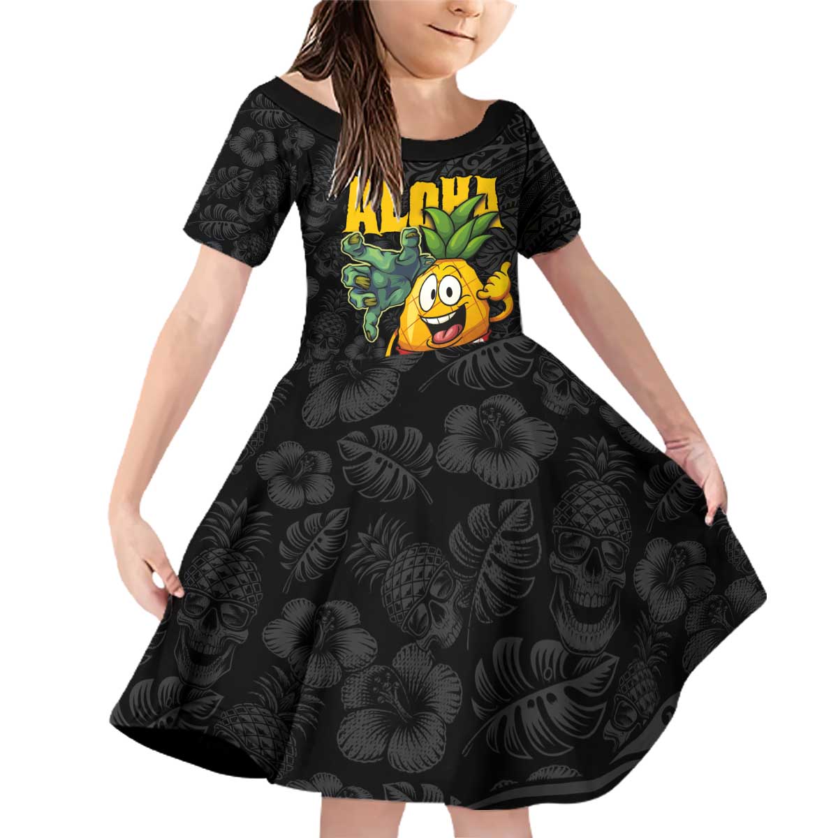 Hawaiian Halloween Family Matching Off Shoulder Short Dress and Hawaiian Shirt Aloha Pinapple with Mysterious Hands and Polynesian Tribal Tattoo LT03 Daughter's Dress Black - Polynesian Pride