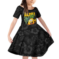 Hawaiian Halloween Family Matching Off Shoulder Short Dress and Hawaiian Shirt Aloha Pinapple with Mysterious Hands and Polynesian Tribal Tattoo LT03 Daughter's Dress Black - Polynesian Pride