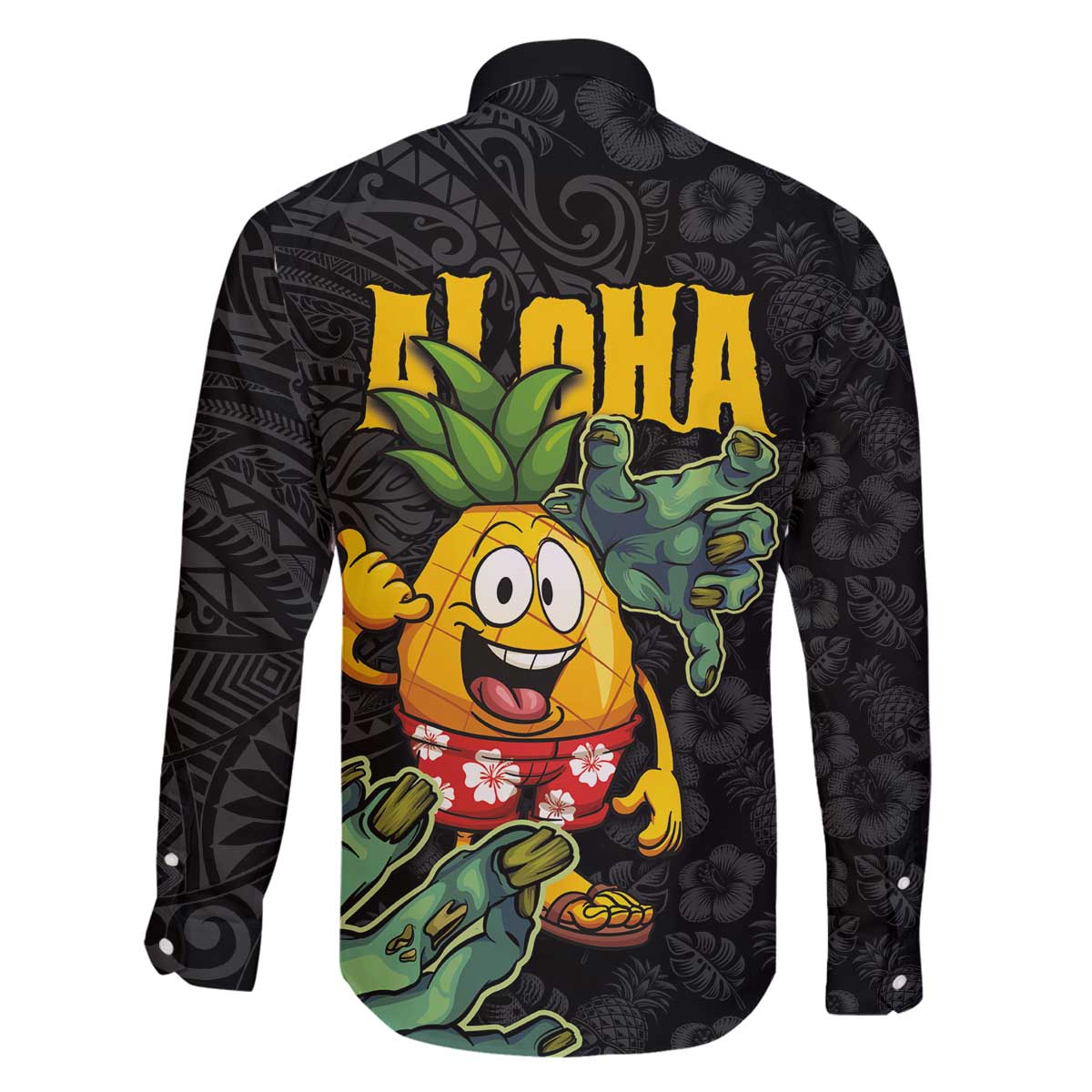 Hawaiian Halloween Family Matching Off Shoulder Short Dress and Hawaiian Shirt Aloha Pinapple with Mysterious Hands and Polynesian Tribal Tattoo LT03 - Polynesian Pride