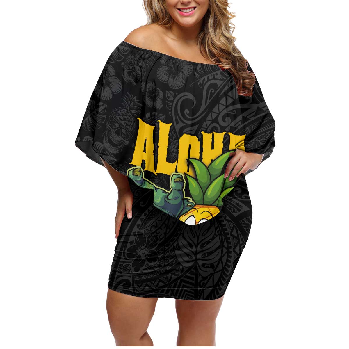 Hawaiian Halloween Family Matching Off Shoulder Short Dress and Hawaiian Shirt Aloha Pinapple with Mysterious Hands and Polynesian Tribal Tattoo LT03 Mom's Dress Black - Polynesian Pride