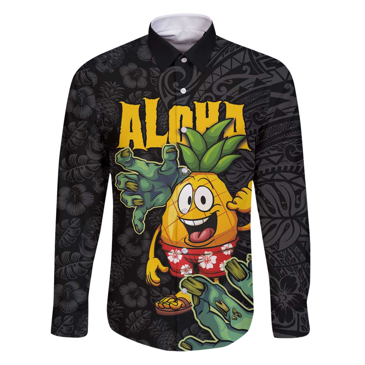Hawaiian Halloween Family Matching Puletasi and Hawaiian Shirt Aloha Pinapple with Mysterious Hands and Polynesian Tribal Tattoo LT03 Dad's Shirt - Long Sleeve Black - Polynesian Pride