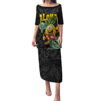 Hawaiian Halloween Family Matching Puletasi and Hawaiian Shirt Aloha Pinapple with Mysterious Hands and Polynesian Tribal Tattoo LT03 Mom's Dress Black - Polynesian Pride