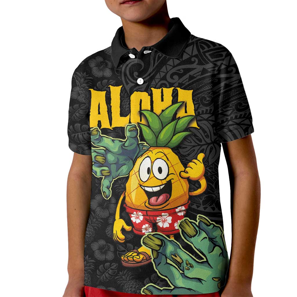 Hawaiian Halloween Kid Polo Shirt Aloha Pinapple with Mysterious Hands and Polynesian Tribal Tattoo LT03 Kid Black - Polynesian Pride