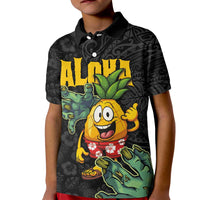 Hawaiian Halloween Kid Polo Shirt Aloha Pinapple with Mysterious Hands and Polynesian Tribal Tattoo LT03 Kid Black - Polynesian Pride