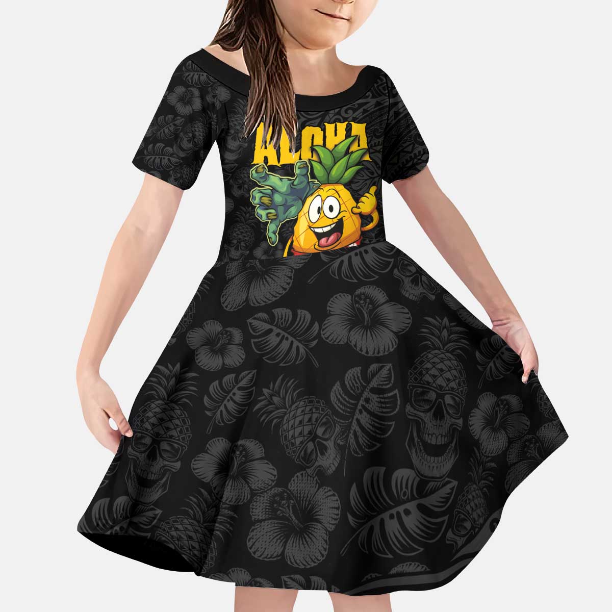 Hawaiian Halloween Kid Short Sleeve Dress Aloha Pinapple with Mysterious Hands and Polynesian Tribal Tattoo LT03 KID Black - Polynesian Pride