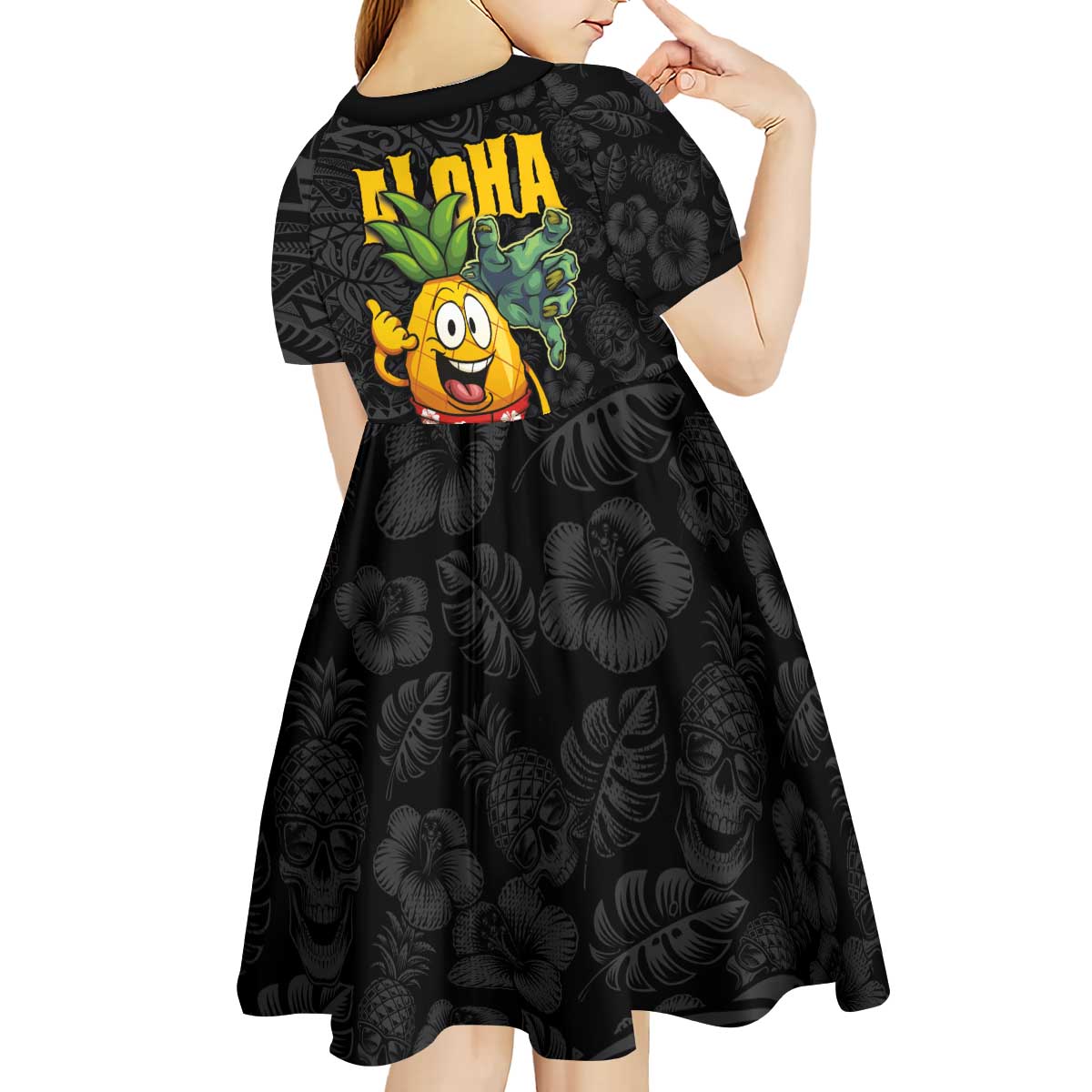 Hawaiian Halloween Kid Short Sleeve Dress Aloha Pinapple with Mysterious Hands and Polynesian Tribal Tattoo LT03 - Polynesian Pride