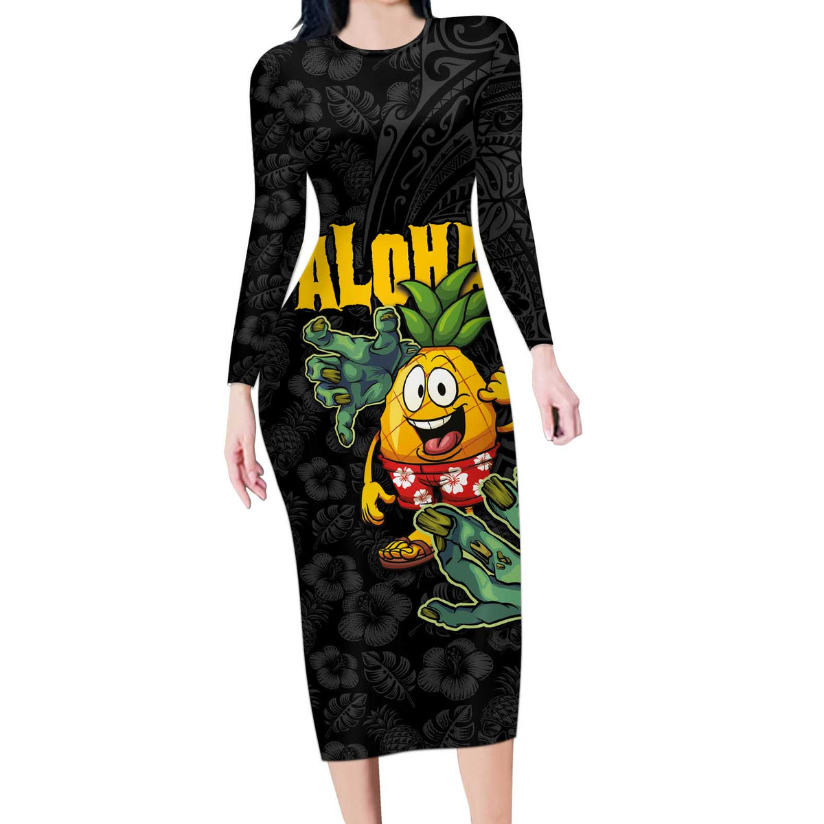 Hawaiian Halloween Long Sleeve Bodycon Dress Aloha Pinapple with Mysterious Hands and Polynesian Tribal Tattoo LT03 Long Dress Black - Polynesian Pride
