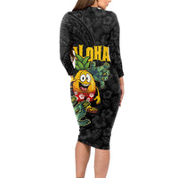 Hawaiian Halloween Long Sleeve Bodycon Dress Aloha Pinapple with Mysterious Hands and Polynesian Tribal Tattoo LT03 - Polynesian Pride
