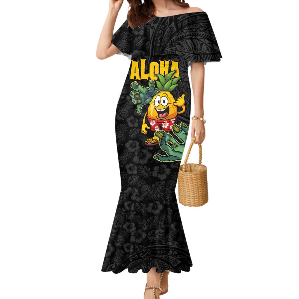 Hawaiian Halloween Mermaid Dress Aloha Pinapple with Mysterious Hands and Polynesian Tribal Tattoo LT03 Women Black - Polynesian Pride